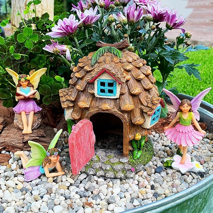 Mood Lab Fairy Garden Figurines - Pinecone Fairy House Set (4 pcs) - Miniature Decorative Statues & Accessories - Outdoor & Indoor Garden Decor