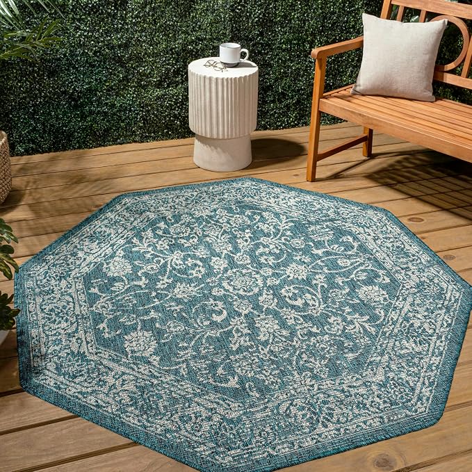 JONATHAN Y Weave Floral Indoor Outdoor Octagon Area Rug 8 Ft Teal/Gray, Tela Bohemian Textured for Backyard, Patio, Porch, Easy-Cleaning, High Traffic, Pet-Friendly, Non-Shedding (SMB100C-8TGN)