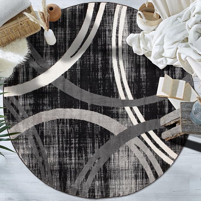 Rugshop Wavy Circles Modern Non-Shedding Living Room Round Rug Black 6'6" | Round, Bedroom, Dining Room, Home Office, Kitchen, Entryway, Hallway, Nursery, Kids Room, Guest Room, High Traffic Area