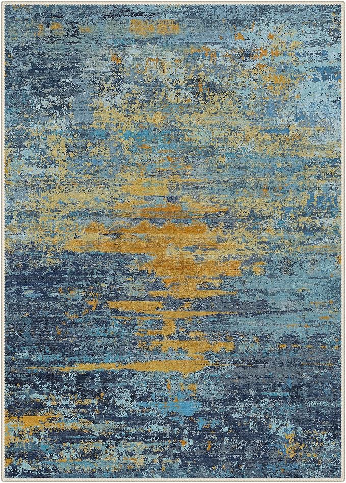 BEIMO 6x9 Washable Area Rug for Living Room, Wave Abstract Blue Orange | Soft Machine Washable Modern Rug,Streaks Pattern Non Slip Indoor Carpet for Dining Room Playroom Bedroom Office