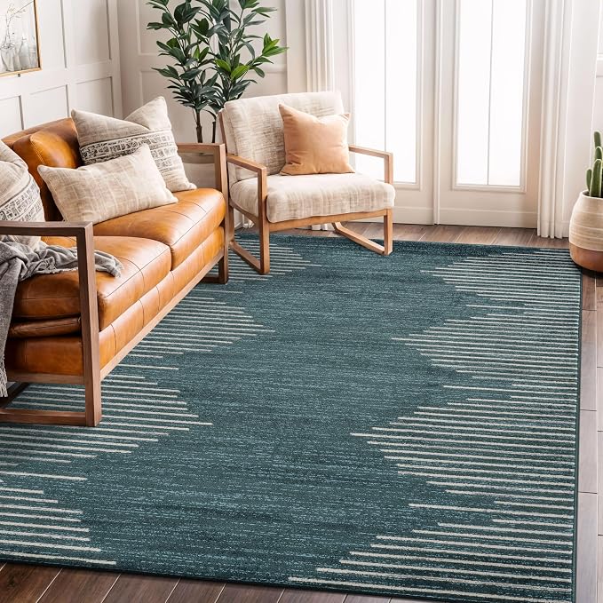 Rugshop Bohemian Stripe Stain Resistant High Traffic Area Rug Teal 5' x 7' | High Traffic,Fade Resistant, Living Room, Bedroom, Dining Room, Home Office, Kitchen, Entryway, Hallway, Nursery,Basement