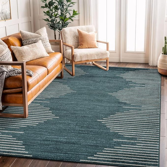 Rugshop Bohemian Stripe Stain Resistant High Traffic Area Rug Teal 5' x 7' | High Traffic,Fade Resistant, Living Room, Bedroom, Dining Room, Home Office, Kitchen, Entryway, Hallway, Nursery,Basement
