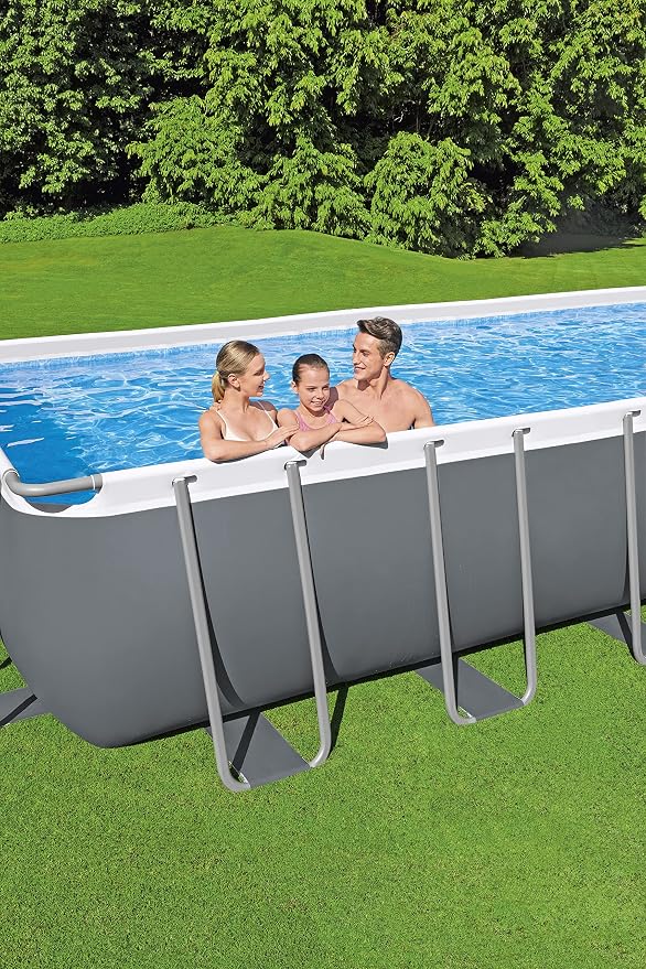 Bestway Power Steel Frame Pool Complete Set Square, with Sand Filter System, Ladder, Floor and Tarpaulin, 955x488x132 cm, Grey
