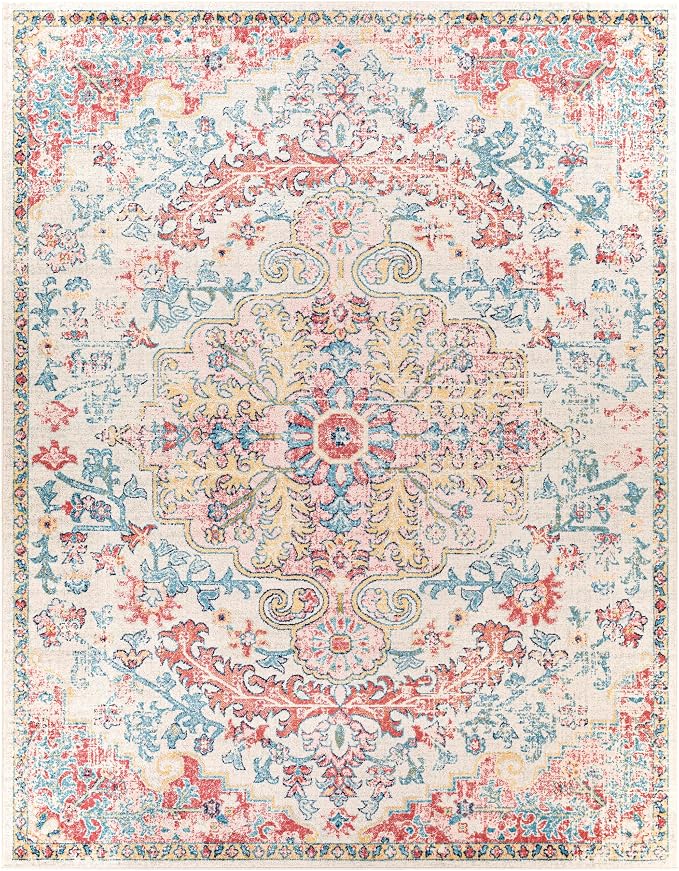 Livabliss Area Rugs - 8x10 Odelia Vintage Boho Red Off-White Blue Area Rug for Living Room Bedroom - Floral Medallion Stain Resistant Carpet for Kitchen, Nursery, Office (7'10" x 10')