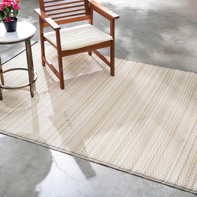 Fab Habitat Outdoor Rug - Waterproof, Fade Resistant, Crease-Free - Premium Recycled Plastic - Neutral Striped - Patio, Porch, Deck, Balcony - Cancun Shadow - Sand & Black - 5 x 8 ft