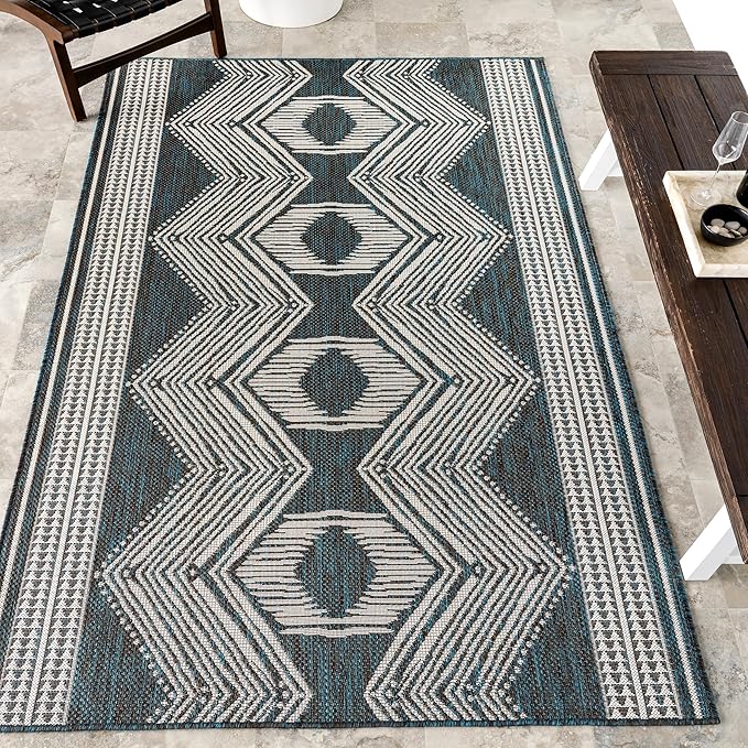 Nuloom Ranya Turquoise/Ivory, 4' x 6', Tribal Geometric, Soft and Cozy, High Traffic, Stain Resistant, Easy Clean, Durable Area Rug for Indoor/Outdoor Patio, Deck, Porch, Garden, Courtyard