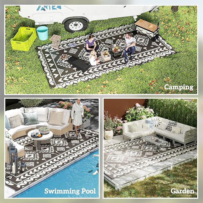 Outsunny Outdoor Rug for Patio, 9' x 18' Waterproof Large Mat, Reversible Plastic Straw Rug for Decor, Portable Outside RV Camping Area Carpet Mat for Backyard Porch Deck Picnic, Black & White Rhombus