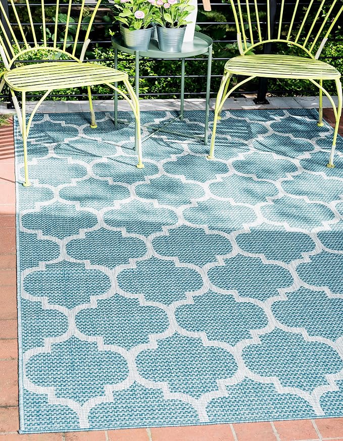 Unique Loom Outdoor Trellis Collection Area Rug (9' x 12' Rectangle, Aquamarine/ Gray)