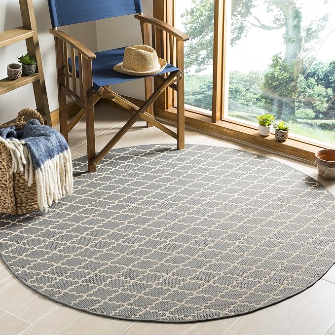 SAFAVIEH Courtyard Collection 7'10" Round Anthracite/Beige CY6919 Trellis Indoor/ Outdoor Waterproof Easy-Cleaning Patio Backyard Mudroom Area-Rug