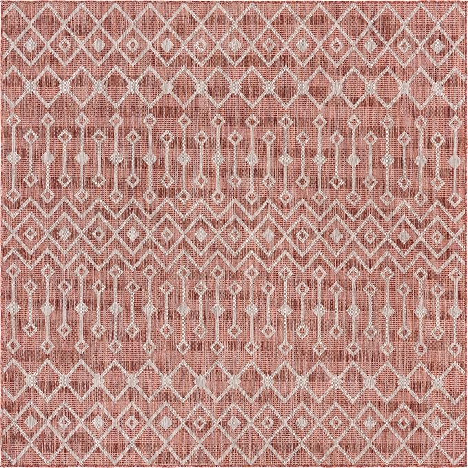Unique Loom Outdoor Trellis Collection Area Rug - Tribal Trellis (7' 10" Square, Rust Red/ Ivory)
