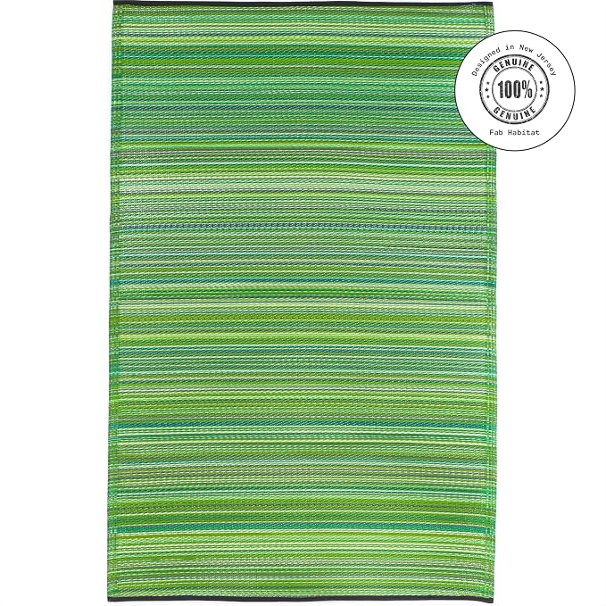 Fab Habitat Striped Outdoor Rug - Waterproof, Fade Resistant, Crease-Free, Reversible - Premium Recycled Plastic - Patio Porch Balcony Deck - Cancun Green - 8x10 ft