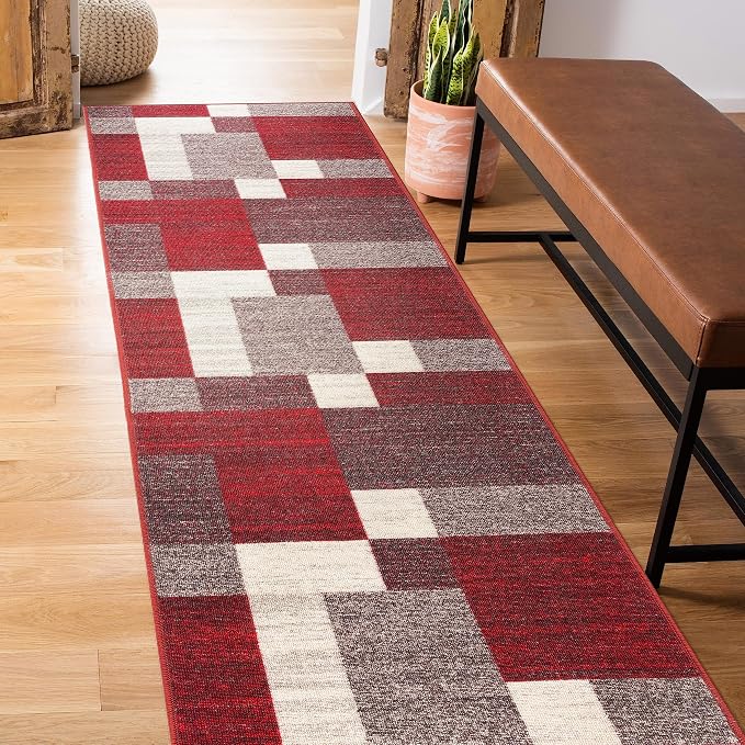 Rugshop Geometric Boxes Non-Slip Modern Living Room Area Rug Red 2' x 7'2" | Non-Shedding, Rectangular, Size 2' x 7'2", Bedroom, Dining Room, Home Office, Kitchen, Entryway, Hallway, Nursery, Kids Room