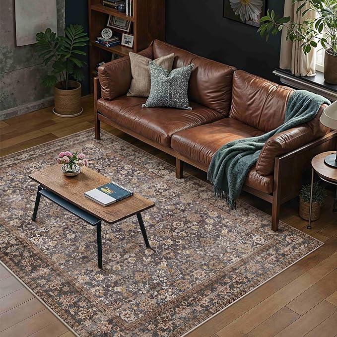 HUGEAR 3x5 Machine Washable Rugs Tradition Brown Hallway Area Rug Indoor Accent Rug Floral Low Pile Carpet Soft Throw Rug Bedroom Living Room Office Dining Room Kitchen Laundry Room Non Slip