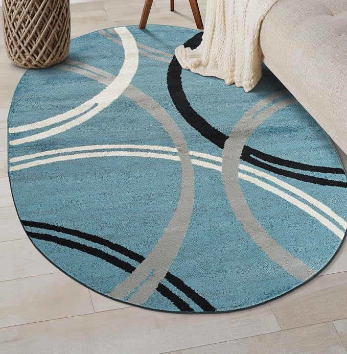 Rugshop Wavy Circles Modern Non-Shedding Living Room Oval Rug Blue 5' x 7' | Oval, Size 5' x 7', Bedroom, Dining Room, Home Office, Kitchen, Entryway, Hallway, Nursery, Kids Room, Guest Room