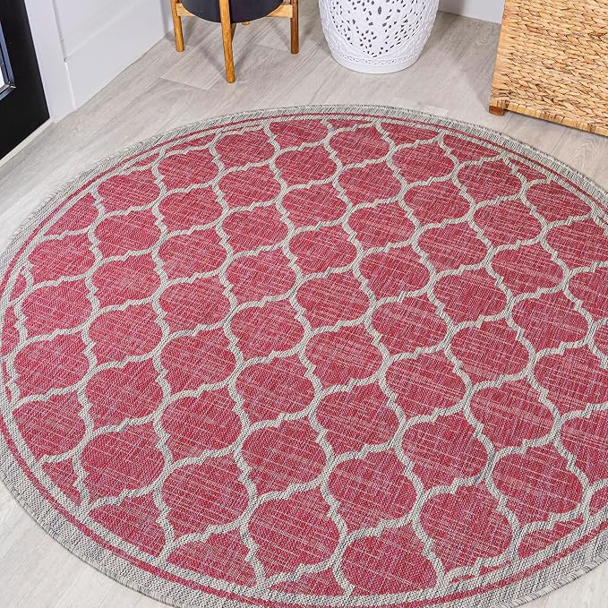 JONATHAN Y Moroccan Trellis Indoor Outdoor Round Area Rug 5 Ft Fuchsia/Light Gray, Trebol Textured Weave for Backyard, Patio, Porch, Easy-Cleaning, Pet-Friendly, Non-Shedding (SMB109H-5R)