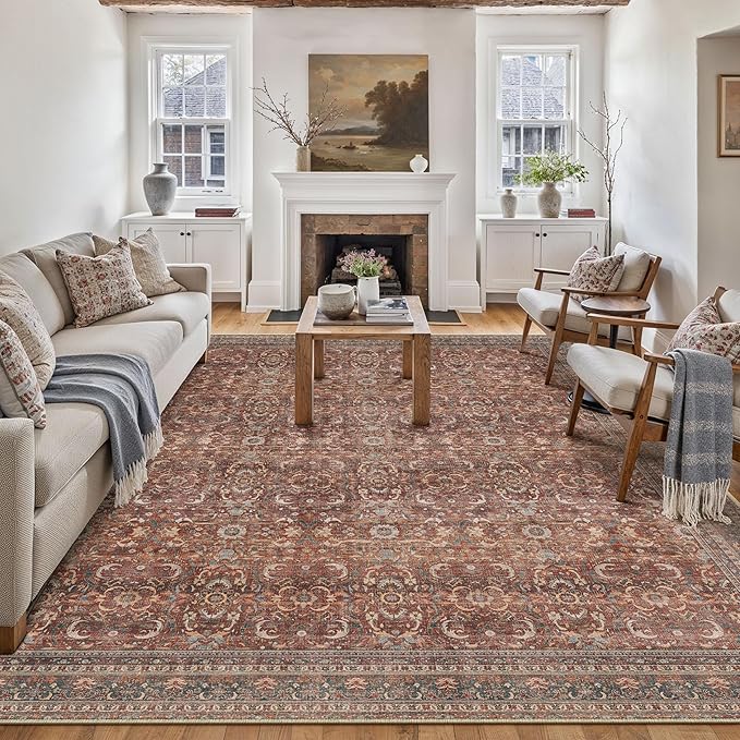 9x12 Brick Red Vintage Distressed Washable Area Rug for Living Room | Low Pile, Non Slip, Retro Style, Soft Distressed Large Area Rug for Living Room, Bedroom, Dining Room, Office, Home Decor