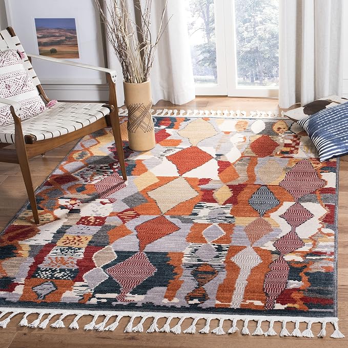 SAFAVIEH Farmhouse Collection Accent Rug - 4' x 5'4", Orange & Navy, Boho Moroccan Tribal Tassel Design, Non-Shedding & Easy Care, Ideal for High Traffic Areas in Foyer, Living Room, Bedroom (FMH853P)