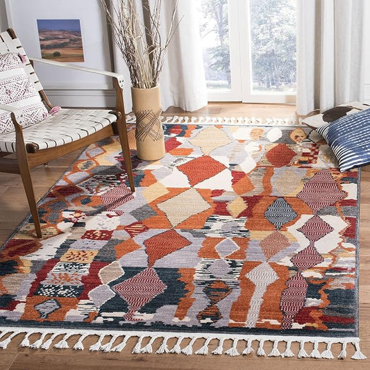 SAFAVIEH Farmhouse Collection Accent Rug - 4' x 5'4", Orange & Navy, Boho Moroccan Tribal Tassel Design, Non-Shedding & Easy Care, Ideal for High Traffic Areas in Foyer, Living Room, Bedroom (FMH853P)