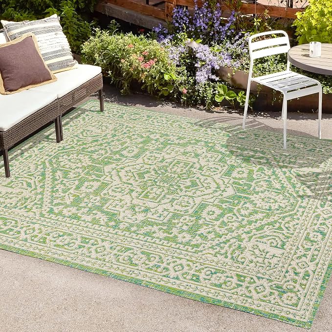 JONATHAN Y Medallion Weave Indoor Outdoor Area Rug 3X5 Cream/Green, Sinjuri Textured for Backyard, Patio, Porch, Easy-Cleaning, High Traffic, Pet-Friendly, Non-Shedding (SMB101H-3)