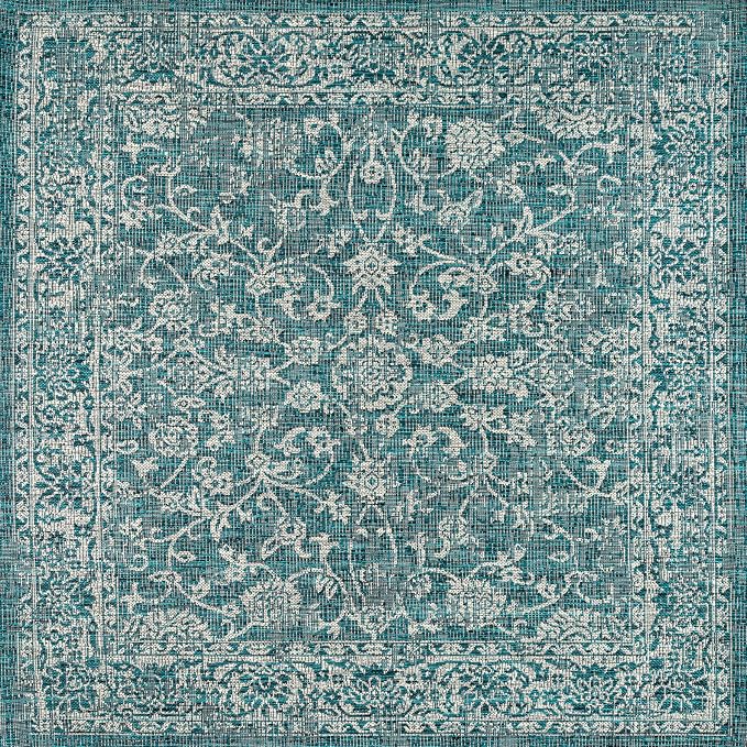 JONATHAN Y Weave Floral Indoor Outdoor Square Area Rug 6X6 Teal/Gray, Tela Bohemian Textured for Backyard, Patio, Porch, Easy-Cleaning, High Traffic, Pet-Friendly, Non-Shedding (SMB100C-6SQ)