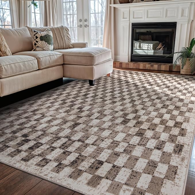 Rugshop Contemporary Checkered Grid Textured Area Rug Soft Beige 5' x 7' | Rectangular, Size 5' x 7', Living Room, Bedroom, Dining Room, Home Office, Kitchen, Entryway, Hallway, Nursery, Kids Room