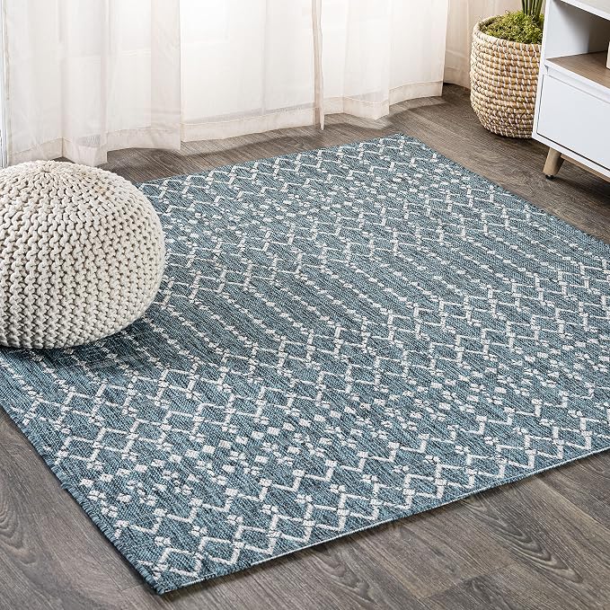 JONATHAN Y Moroccan Geometric Indoor Outdoor Square Area Rug 3X3 Teal/Gray, Ourika Textured Weave for Backyard, Patio, Porch, Easy-Cleaning, High Traffic, Pet-Friendly, Non-Shedding (SMB108C-3SQ)