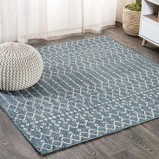 JONATHAN Y Moroccan Geometric Indoor Outdoor Square Area Rug 3X3 Teal/Gray, Ourika Textured Weave for Backyard, Patio, Porch, Easy-Cleaning, High Traffic, Pet-Friendly, Non-Shedding (SMB108C-3SQ)