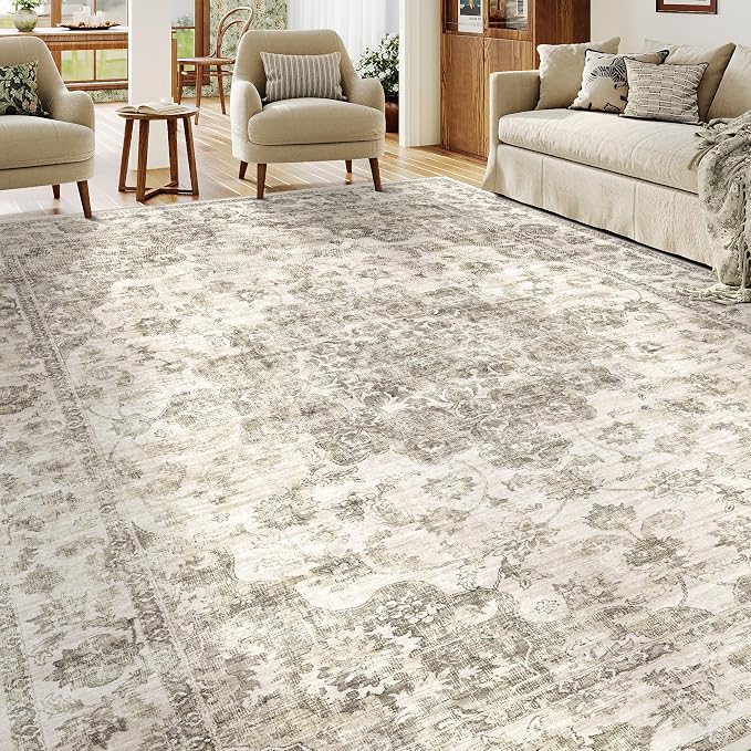 8x10 Taupe Neutral Area Rug | Washable, Non Slip, Soft Low Pile, Vintage Farmhouse, Large, for Living Room Bedroom Dining Room Office Indoor Home Decor