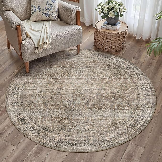 5ft Round Brown Vintage Distressed Washable Rug for Living Room | Low Pile, Non Slip, Retro Style, Soft Distressed Round Rug for Living Room, Bedroom, Dining Room, Home Decor