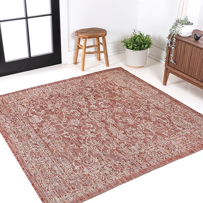 JONATHAN Y Weave Floral Indoor Outdoor Square Area Rug 4X4 Red/Taupe, Tela Bohemian Textured for Backyard, Patio, Porch, Easy-Cleaning, High Traffic, Pet-Friendly, Non-Shedding (SMB100A-4SQ)