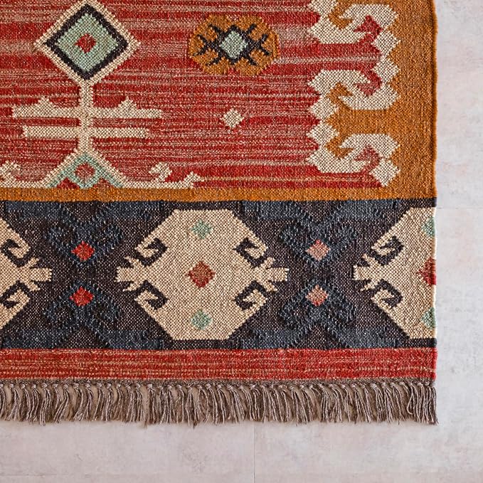 Jute Traditional Kilim Rug Boho Flatweave Area Rug for Living Room, Living Room Entryway, Tribal Series, 9'x12'