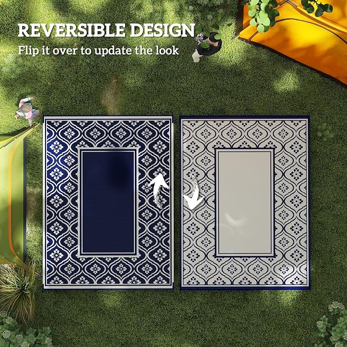 Outsunny Outdoor Rug for Patio, 9' x 12' Waterproof Large Mat, Reversible Plastic Straw Rug for Decor, Portable Outside RV Camping Area Carpet Mat for Backyard Porch Deck Picnic, Blue & White Gourd