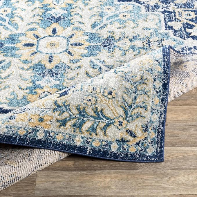 Livabliss Area Rugs - 7x9 Odelia Vintage Boho Blue Aqua Slate Area Rug for Living Room Bedroom - Floral Medallion Stain Resistant Carpet for Kitchen, Nursery, Office (6'7" x 9')
