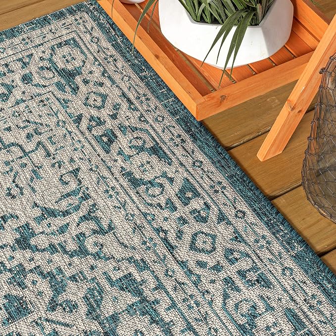 JONATHAN Y Medallion Weave Indoor Outdoor Area Rug 6X9 Teal Blue/Gray, Sinjuri Textured for Backyard, Patio, Porch, Easy-Cleaning, High Traffic, Pet-Friendly, Non-Shedding (SMB101C-6)