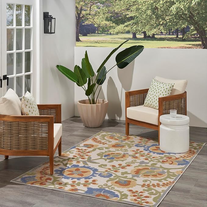 Nourison Home Aloha Ivory Blue 3'6" x 5'6" Area Rug - Easy Clean, Non Shedding, Bed Room, Living Room, Dining Room, Kitchen (4' x 6')