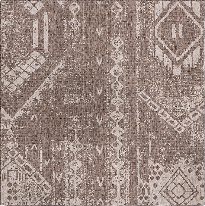 Unique Loom Outdoor Bohemian Collection Area Rug - Anthro (10' 8" Square, Brown/ Ivory)