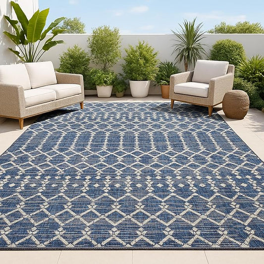 JONATHAN Y Moroccan Geometric Indoor Outdoor Area Rug 6X9 Navy/Beige, Ourika Textured Weave for Backyard, Patio, Porch, Easy-Cleaning, High Traffic, Pet-Friendly, Non-Shedding (SMB108K-6)