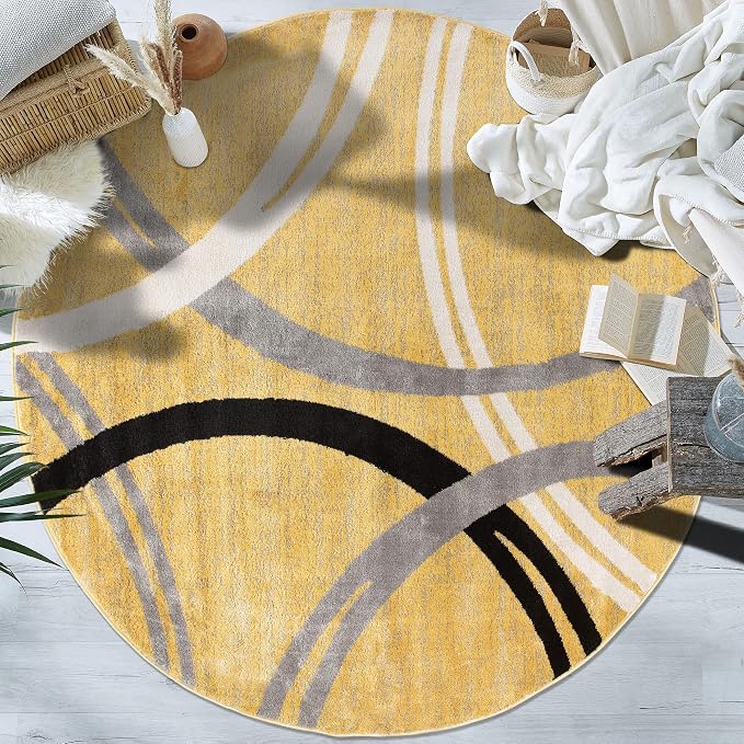 Rugshop Wavy Circles Fade-Resistant Living Room Round Rug Yellow 6'6" | Round, Bedroom, Dining Room, Home Office, Kitchen, Entryway, Hallway, Nursery, Kids Room, Guest Room, High Traffic Area