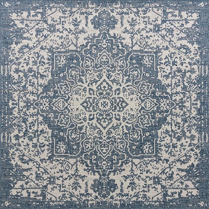 Unique Loom Outdoor Collection Area Rug - Dubai (10' 8" Square, Blue/ Ivory)
