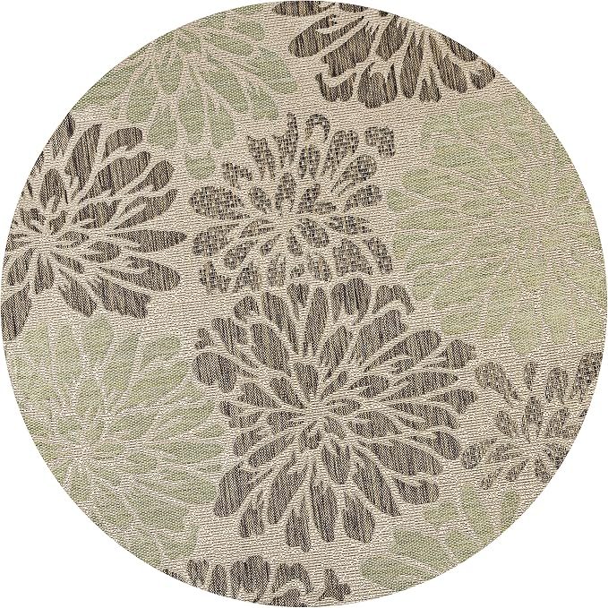 JONATHAN Y Floral Textured Weave Indoor Outdoor Round Area Rug 4 Ft Sage/Brown, Zinnia Modern for Backyard, Patio, Porch, Easy-Cleaning, High Traffic, Pet-Friendly, Non-Shedding (SMB110A-4R)