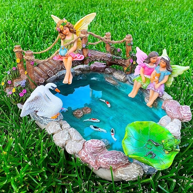 Mood Lab Fairy Garden Figurines - Fish Pond & Bridge - Miniature Decor Set (6 pcs) - Statues & Accessories - Outdoor & Indoor Garden Decor