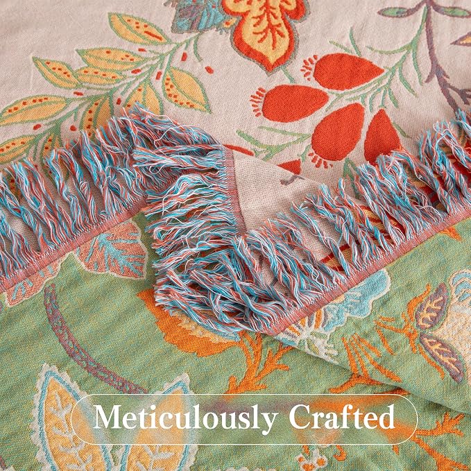 Phuryllic Boho Throw Blanket Twin Size, Soft Cozy Cotton Muslin Quilt Blanket for Bed Decor, Floral Patterned Couch Sofa Chair Cover, Vintage Farmhouse Cottage Tapestry Woven Blanket, Coral&Green