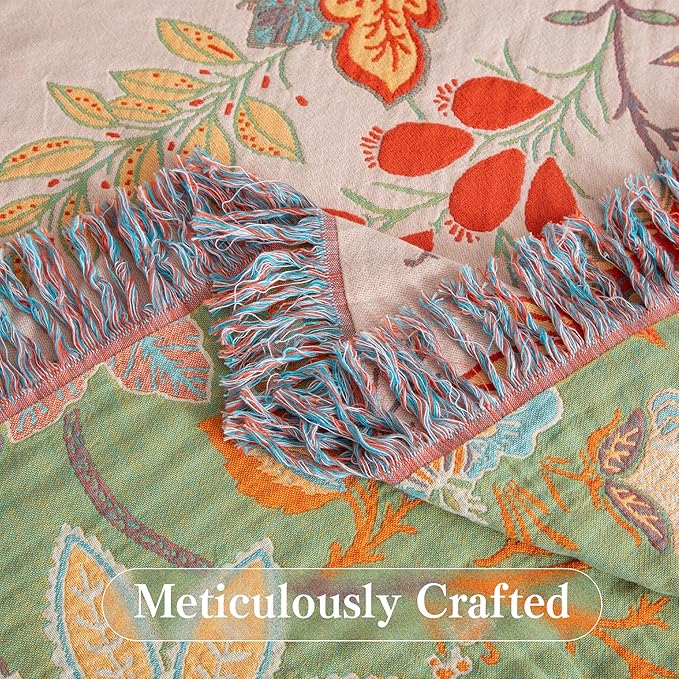 Phuryllic Boho Throw Blanket Queen Size, Soft Cozy Cotton Muslin Quilt Blanket for Bed Decor, Floral Patterned Couch Sofa Chair Cover, Vintage Farmhouse Cottage Tapestry Woven Blanket, Coral&Green