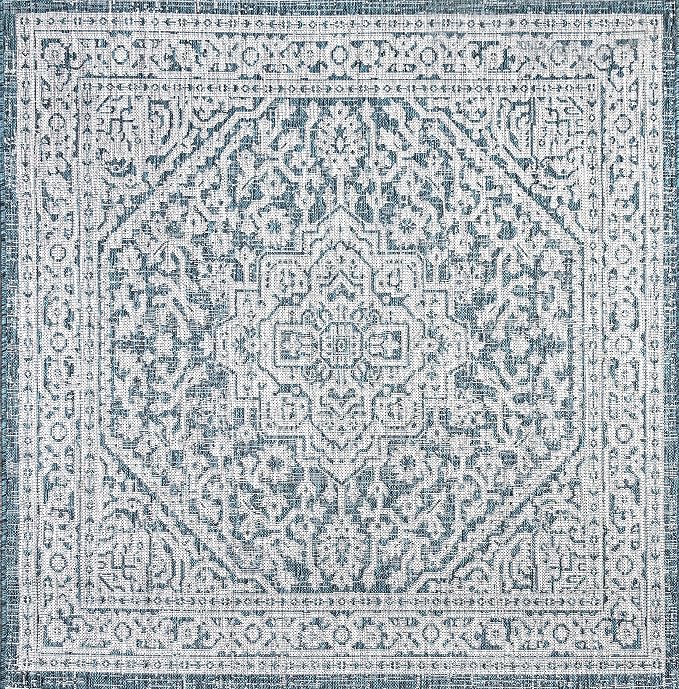 JONATHAN Y Medallion Weave Indoor Outdoor Square Area Rug 9X9 Teal Blue/Gray, Sinjuri Textured for Backyard, Patio, Porch, Easy-Cleaning, High Traffic, Pet-Friendly, Non-Shedding (SMB101C-9SQ)