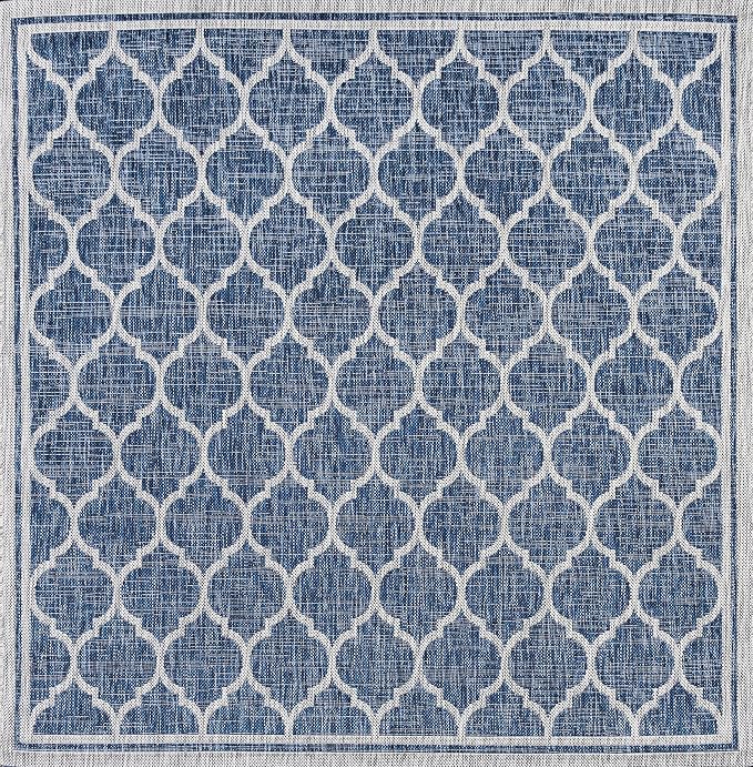 JONATHAN Y Moroccan Trellis Indoor Outdoor Square Area Rug 8X8 Navy/Gray, Trebol Textured Weave for Backyard, Patio, Porch, Easy-Cleaning, High Traffic, Pet-Friendly, Non-Shedding (SMB109D-8SQ)