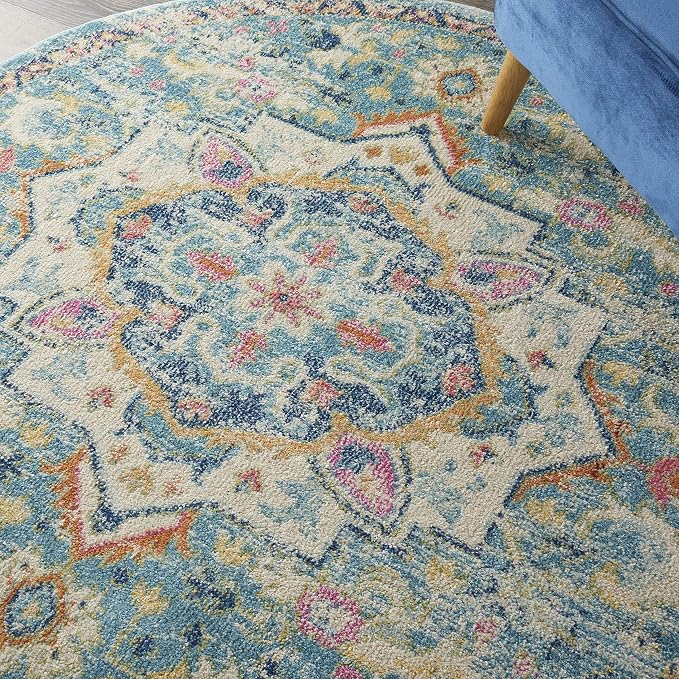 Nourison Home Passion Ivory Light Blue 5' x Round Area Rug - Easy Clean, Non Shedding, Bed Room, Living Room, Dining Room, Kitchen (5' x Round)