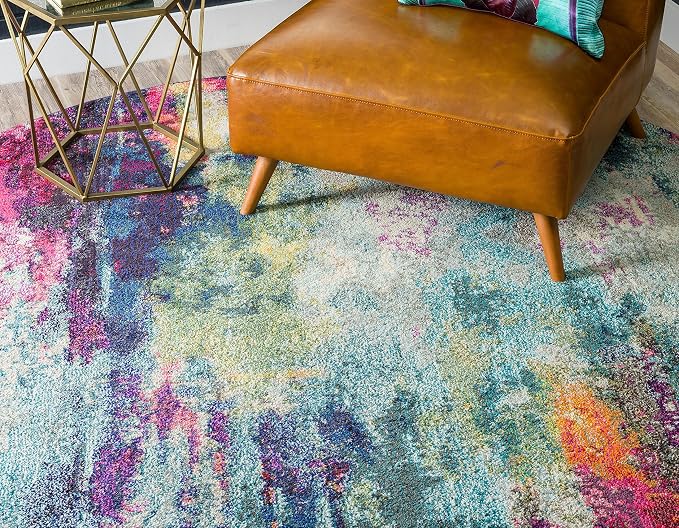 Unique Loom Chromatic Collection Modern Colorful & Vibrant Abstract Area Rug For Any Home Décor (8' 0 x 8' 0 Round, Multi/ Light Blue)