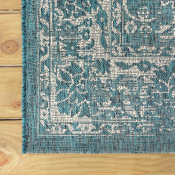 JONATHAN Y Weave Floral Indoor Outdoor Round Area Rug 9 Ft Teal/Gray, Tela Bohemian Textured for Backyard, Patio, Porch, Easy-Cleaning, High Traffic, Pet-Friendly, Non-Shedding (SMB100C-9R)