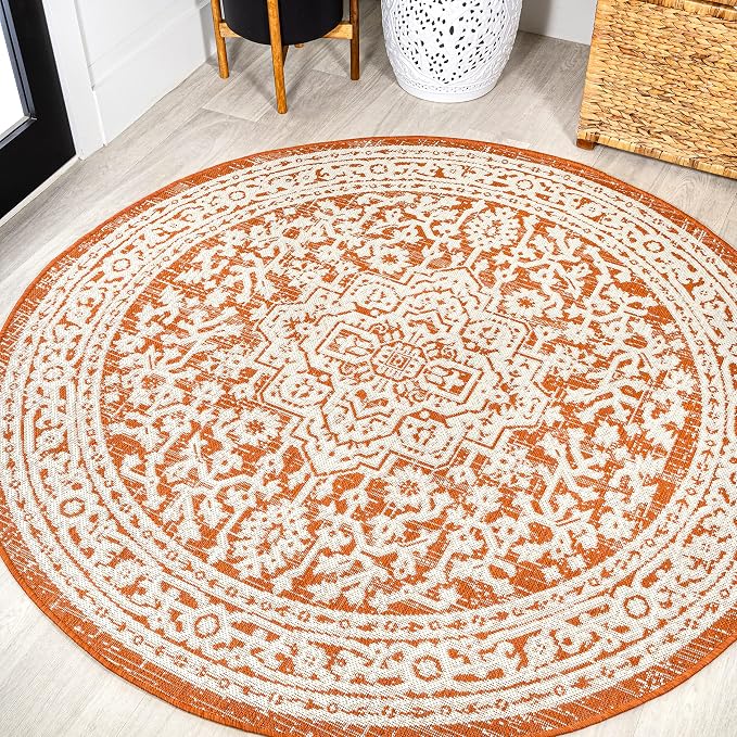 JONATHAN Y Medallion Weave Indoor Outdoor Round Area Rug 5 Ft Orange/Cream, Sinjuri Textured for Backyard, Patio, Porch, Easy-Cleaning, High Traffic, Pet-Friendly, Non-Shedding (SMB101F-5R)