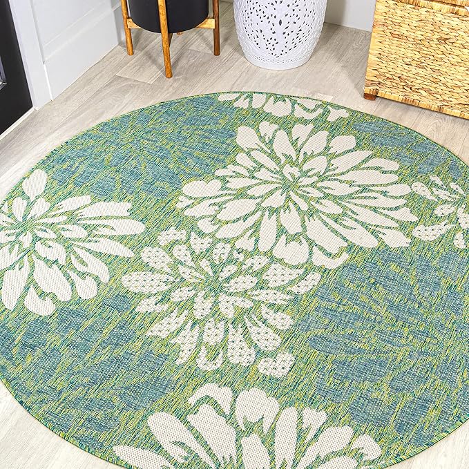 JONATHAN Y Floral Textured Weave Indoor Outdoor Round Area Rug 4 Ft Cream/Green, Zinnia Modern for Backyard, Patio, Porch, Easy-Cleaning, High Traffic, Pet-Friendly, Non-Shedding (SMB110D-4R)